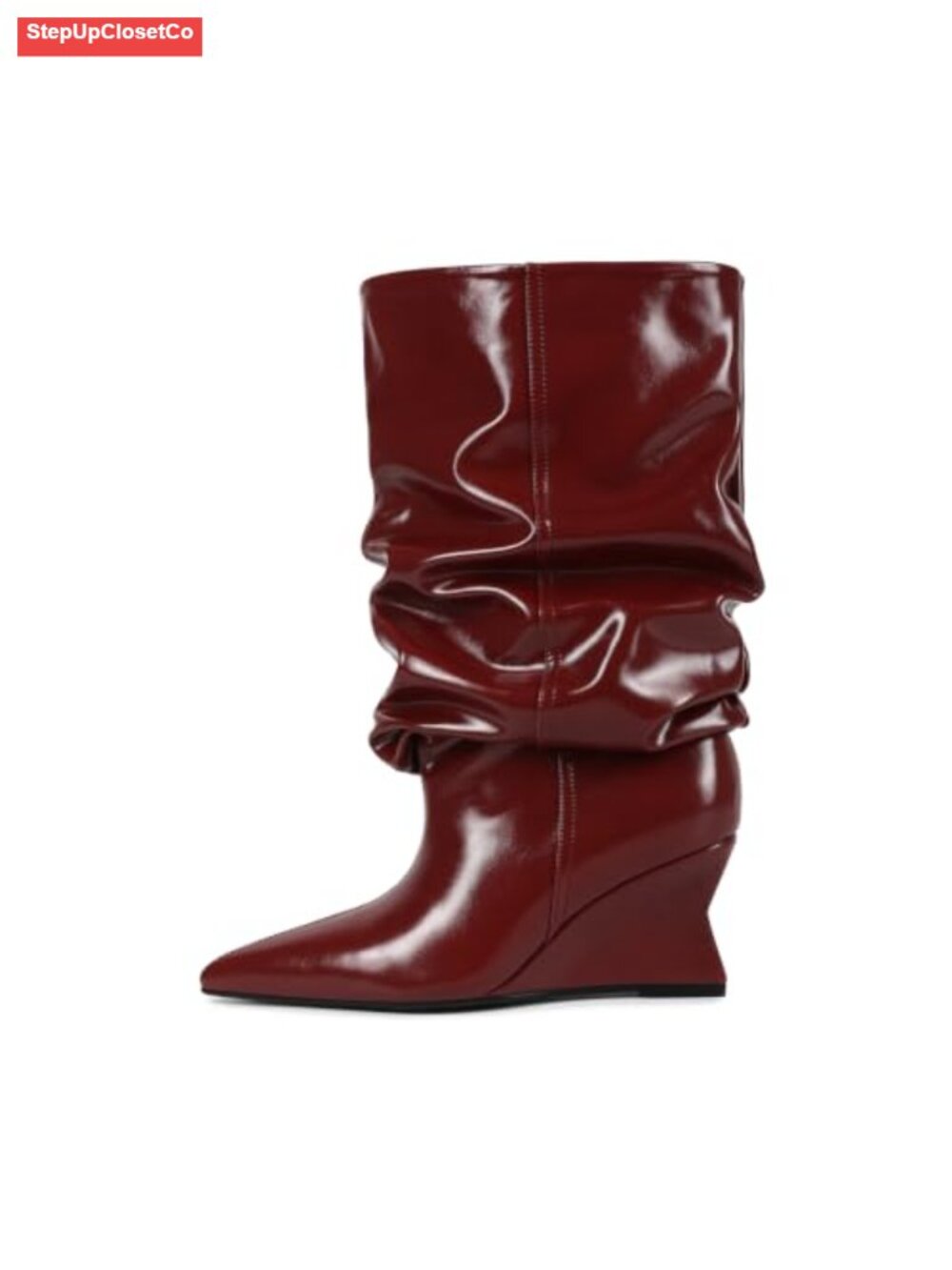 Slouchy Mid Calf Wedge Heel Boots Wide Calf Pull On Faux Leather